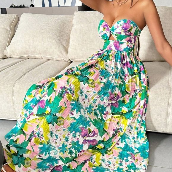 Multicolor Boho Womens Floral Printed Hollow Out Pleated Strapless Dress - Picture 1 of 5